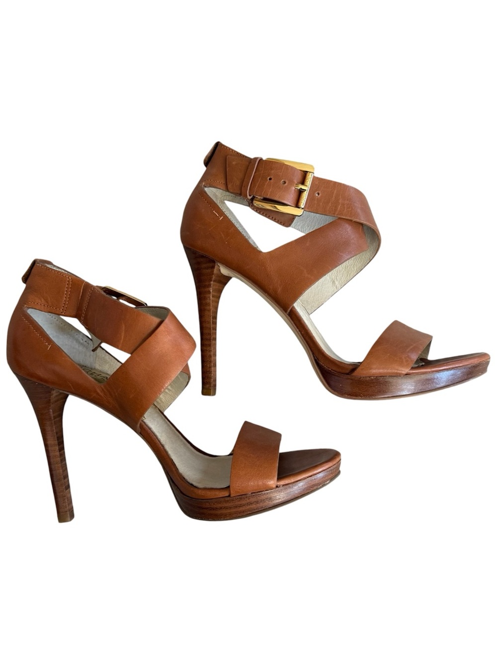 MICHAEL KORS Brown Leather Strappy Platform Heels Size 7M Gold Buckle - Picture 6 of 8
